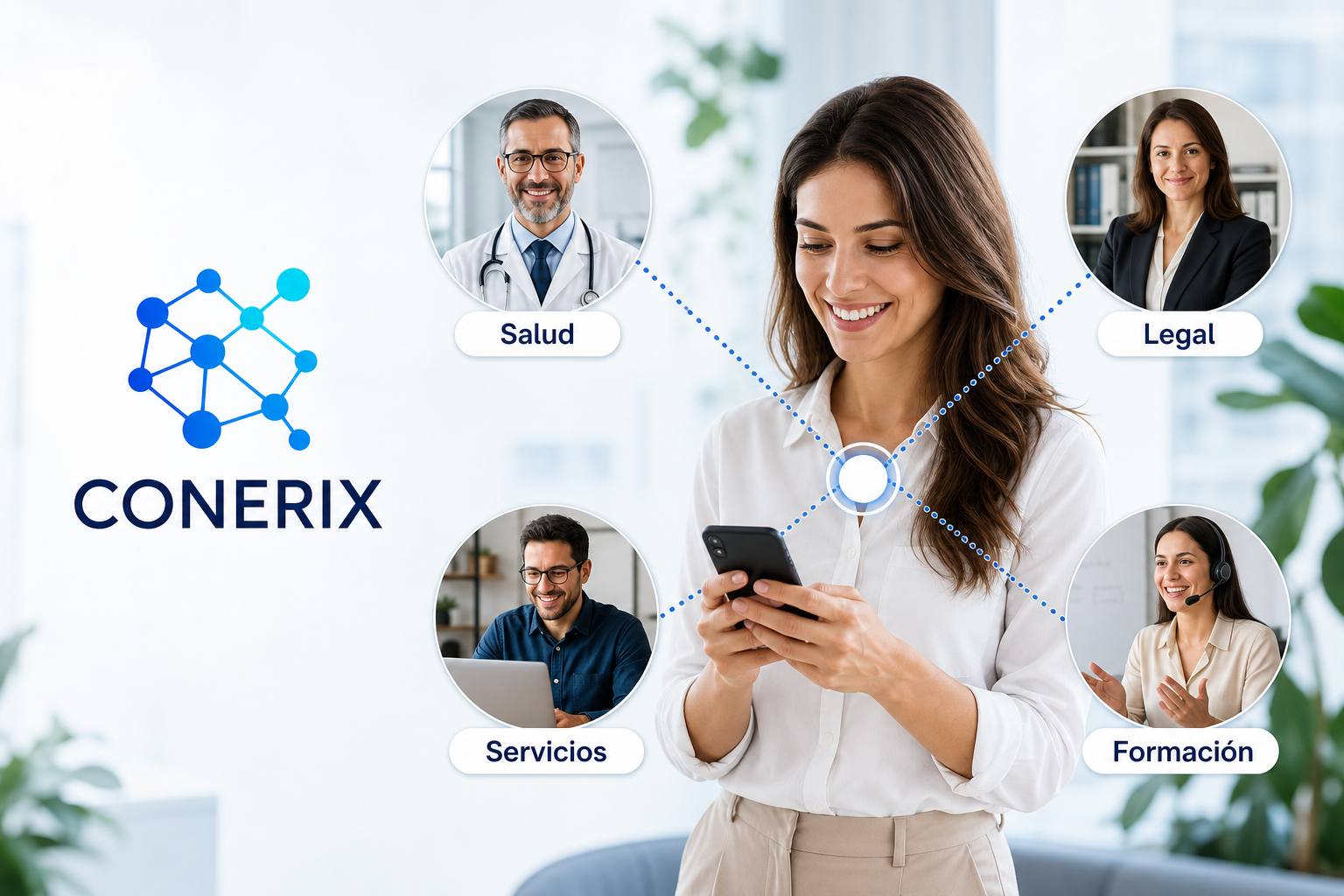 Persona conectándose con profesionales de salud, legal, servicios y formación
